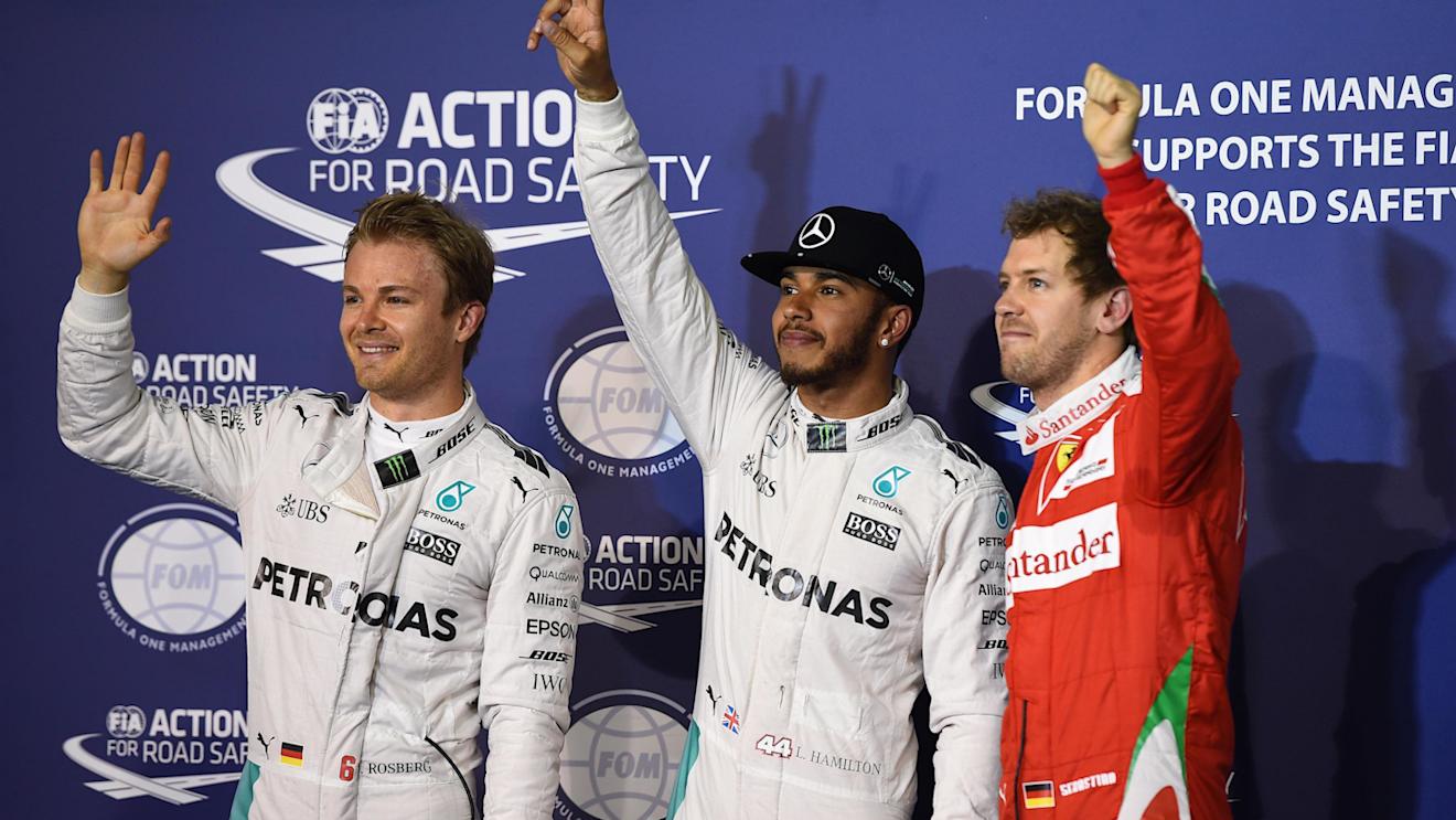 (L to R): Nico Rosberg (GER) Mercedes AMG F1, pole sitter Lewis Hamilton (GBR) Mercedes AMG F1 and Sebastian Vettel (GER) Ferrari celebrate in parc ferme at Formula One World Championship, Rd2, Bahrain Grand Prix Qualifying, Bahrain International Circuit, Sakhir, Bahrain, Saturday 2 April 2016. © Sutton Motorsport Images
