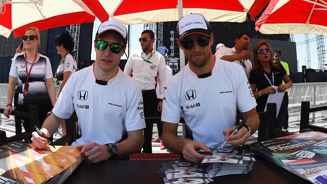 Stoffel Vandoorne (BEL) McLaren and Jenson Button (GBR) McLaren at the autograph session at Formula One World Championship, Rd2, Bahrain Grand Prix Qualifying, Bahrain International Circuit, Sakhir, Bahrain, Saturday 2 April 2016. © Sutton Motorsport Images