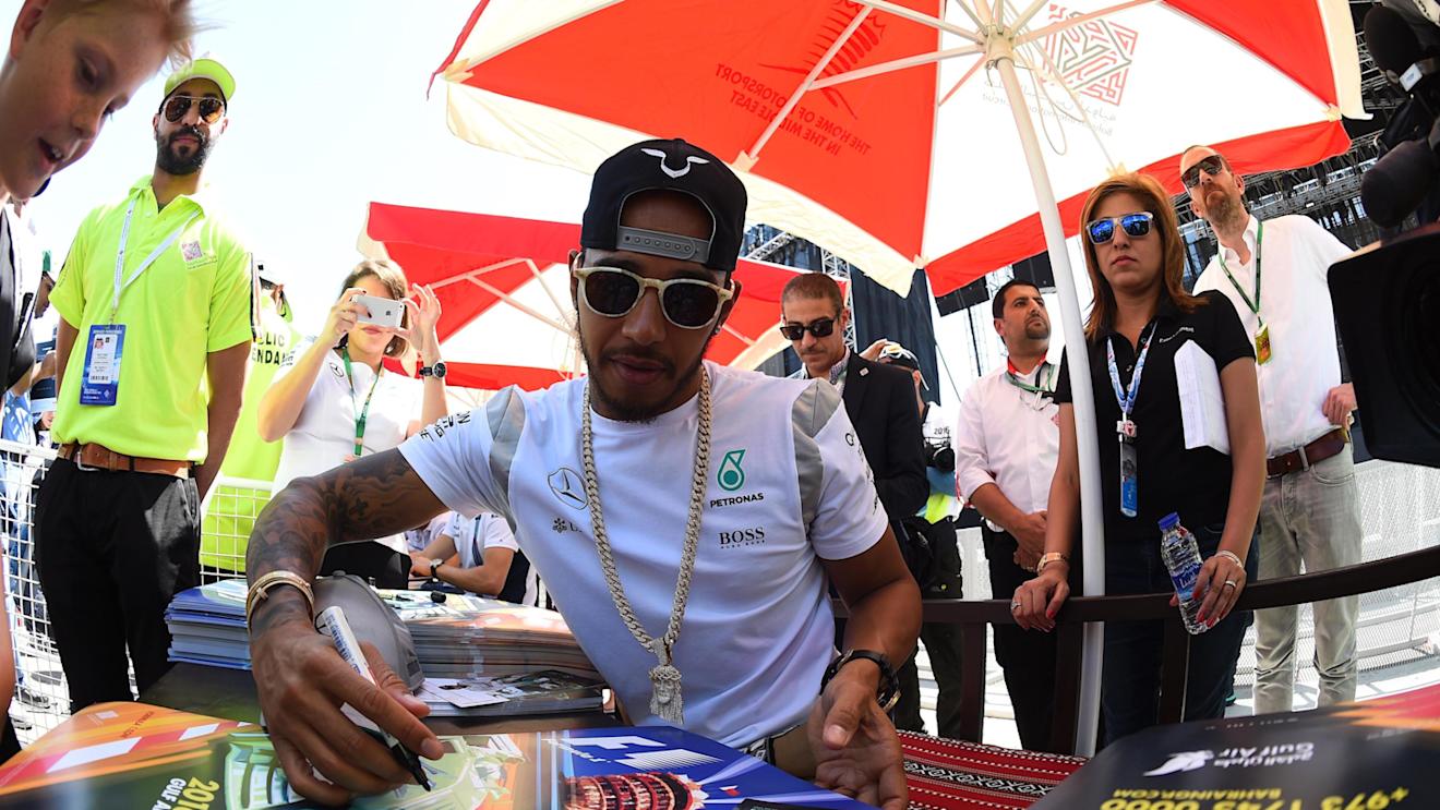 Lewis Hamilton (GBR) Mercedes AMG F1 at the autograph session at Formula One World Championship, Rd2, Bahrain Grand Prix Qualifying, Bahrain International Circuit, Sakhir, Bahrain, Saturday2 April 2016. © Sutton Motorsport Images