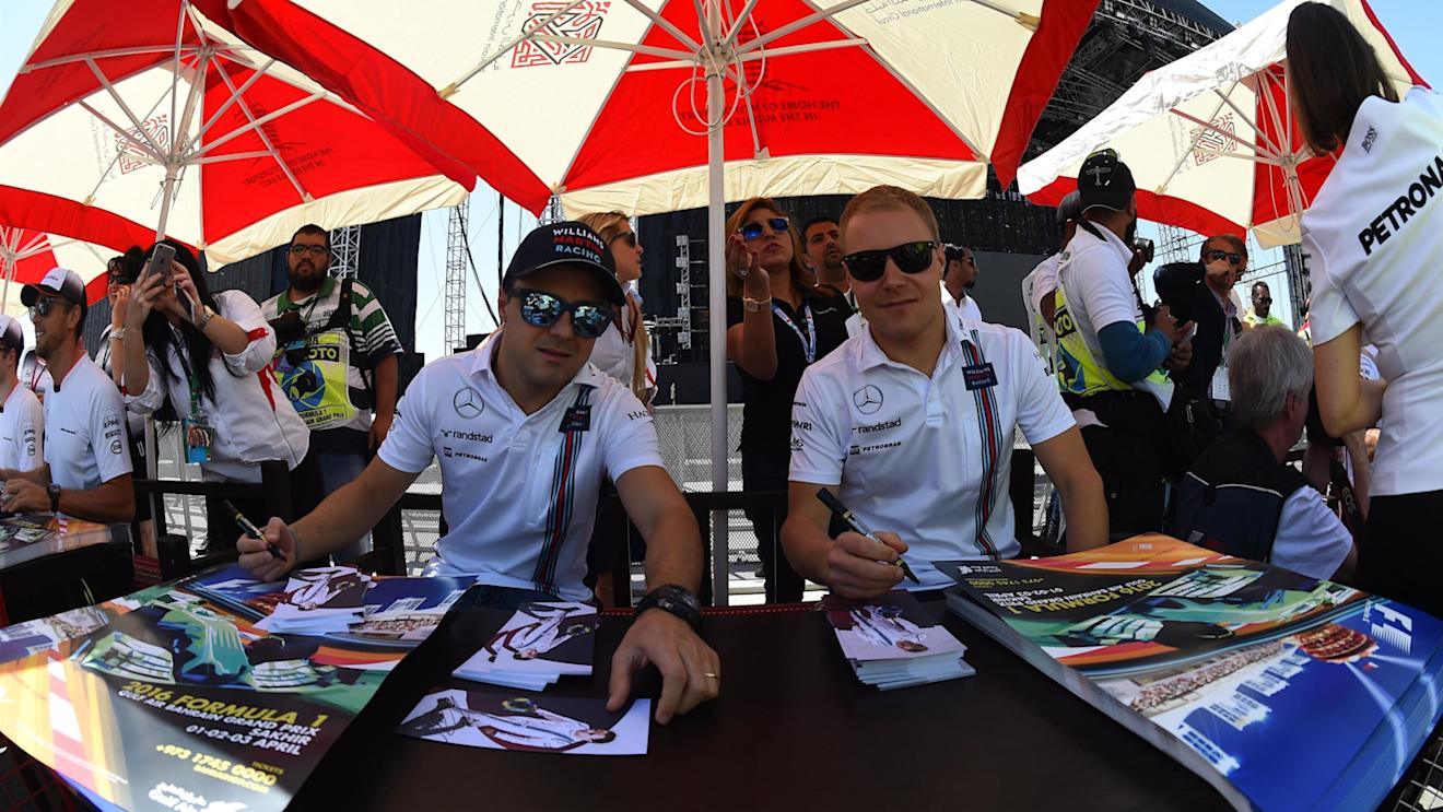 Felipe Massa (BRA) Williams and Valtteri Bottas (FIN) Williams at the autograph session at Formula One World Championship, Rd2, Bahrain Grand Prix Qualifying, Bahrain International Circuit, Sakhir, Bahrain, Saturday2 April 2016. © Sutton Motorsport Images