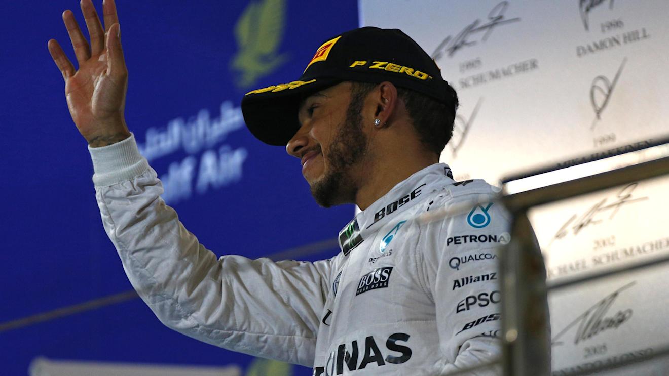 Lewis Hamilton (GBR) Mercedes AMG F1 celebrates on the podium at Formula One World Championship, Rd2, Bahrain Grand Prix Race, Bahrain International Circuit, Sakhir, Bahrain, Sunday 3 April 2016. © Sutton Motorsport Images