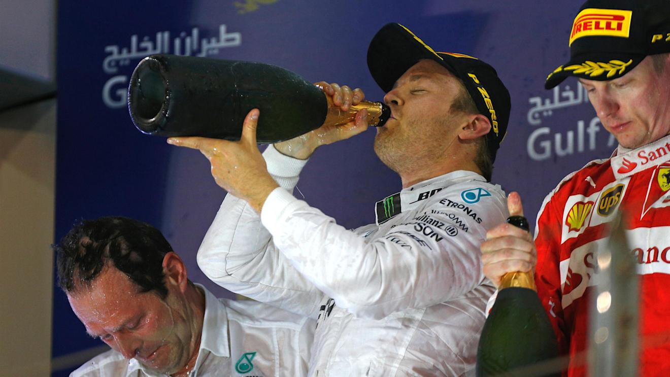 Aldo Costa (ITA) Mercedes AMG F1 Engineering Director, Nico Rosberg (GER) Mercedes AMG F1 and Kimi Raikkonen (FIN) Ferrari celebrate on the podium at Formula One World Championship, Rd2, Bahrain Grand Prix Race, Bahrain International Circuit, Sakhir, Bahrain, Sunday 3 April 2016. © Sutton Motorsport Images