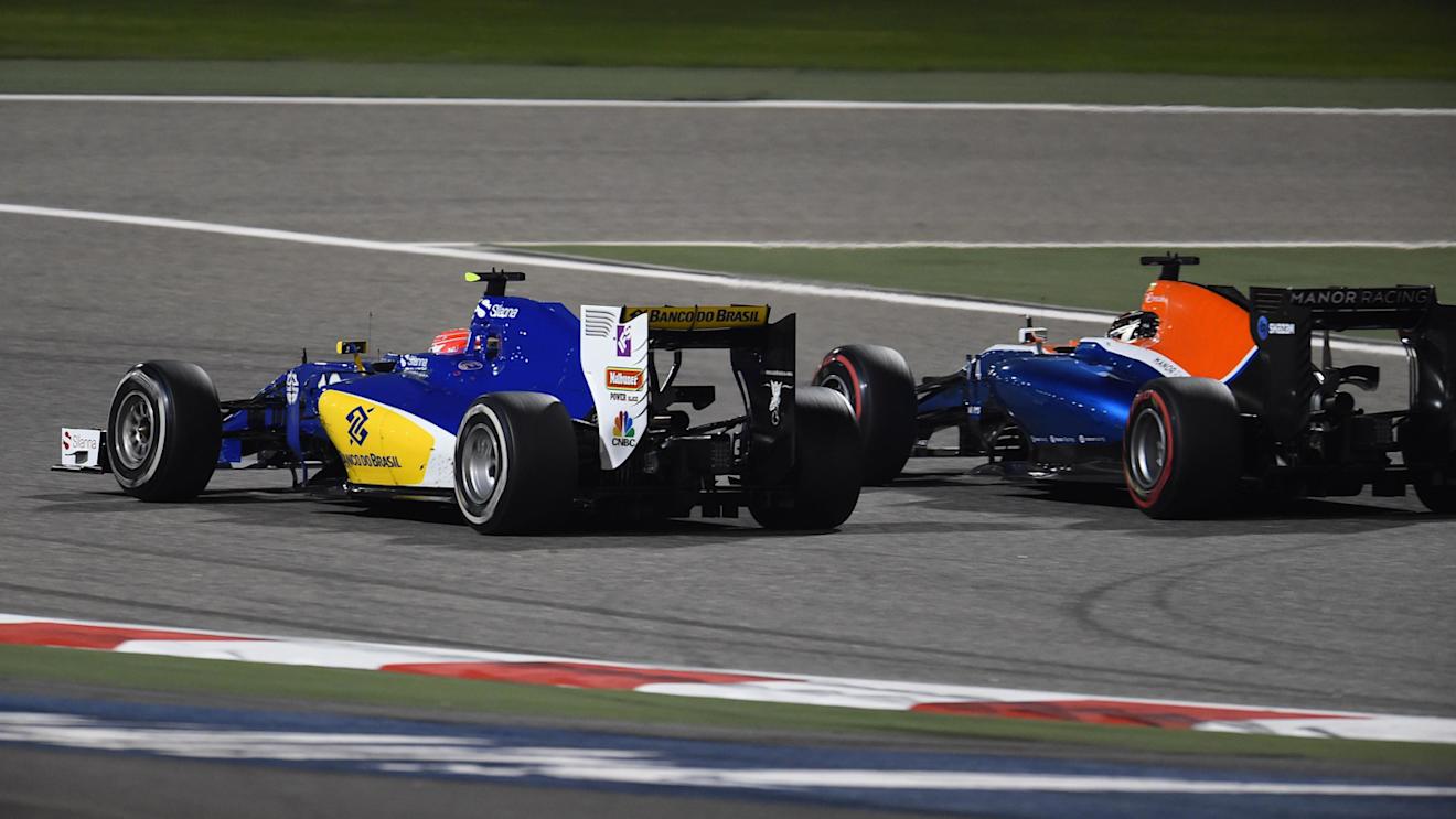 Felipe Nasr (BRA) Sauber C35 and Pascal Wehrlein (GER) Manor Racing MRT05 battle for position at Formula One World Championship, Rd2, Bahrain Grand Prix Race, Bahrain International Circuit, Sakhir, Bahrain, Sunday 3 April 2016. © Sutton Motorsport Images