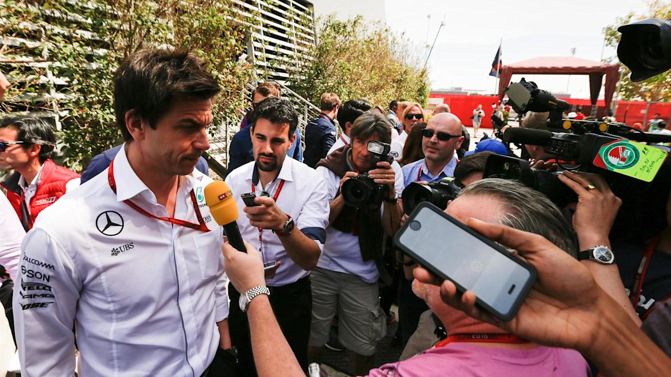 Toto Wolff (AUT) Mercedes AMG F1 Director of Motorsport talks with the media at Formula One World Championship, Rd2, Bahrain Grand Prix Race, Bahrain International Circuit, Sakhir, Bahrain, Sunday 3 April 2016. © Sutton Motorsport Images