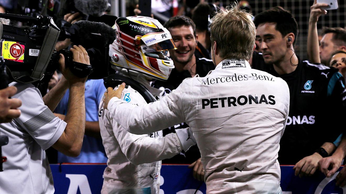 Race winner Nico Rosberg (GER) Mercedes AMG F1 celebrates with Lewis Hamilton (GBR) Mercedes AMG F1 in parc ferme at Formula One World Championship, Rd2, Bahrain Grand Prix Race, Bahrain International Circuit, Sakhir, Bahrain, Sunday 3 April 2016. © Sutton Motorsport Images