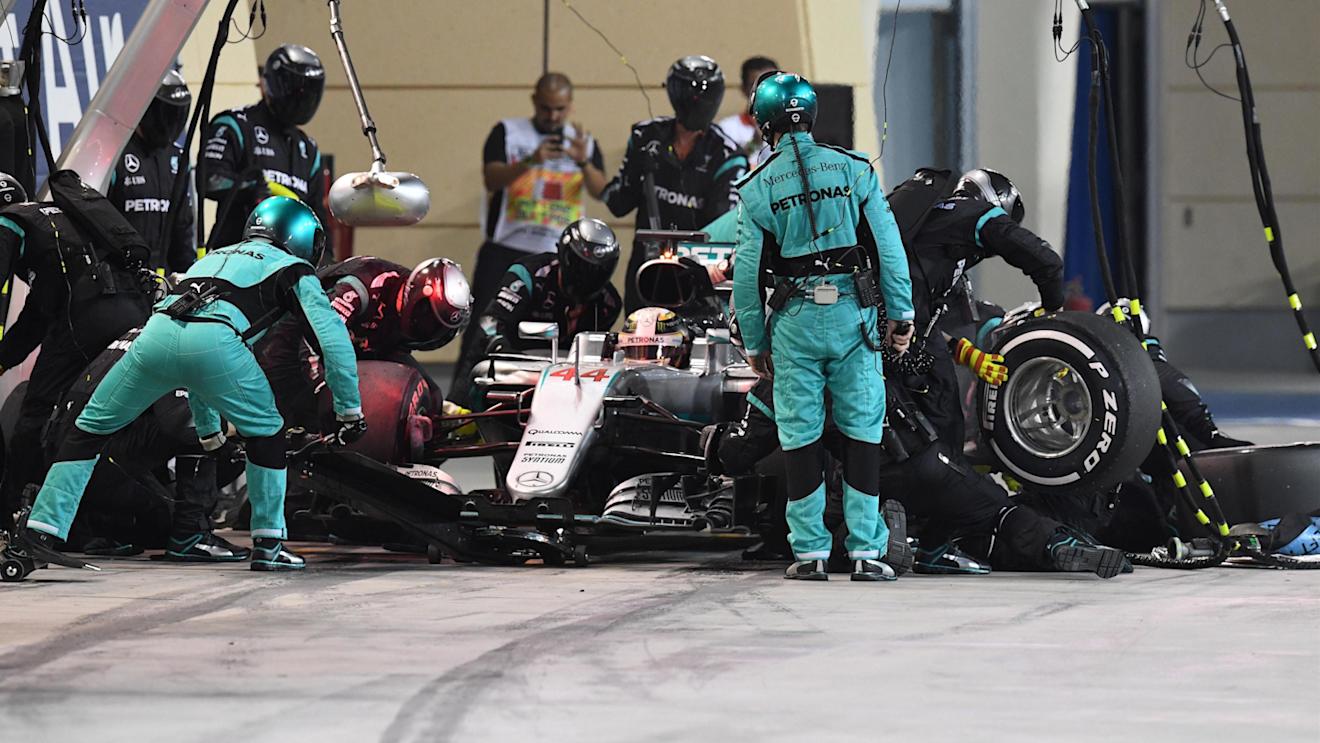 Pit stop for Lewis Hamilton (GBR) Mercedes-Benz F1 W07 Hybrid at Formula One World Championship, Rd2, Bahrain Grand Prix Race, Bahrain International Circuit, Sakhir, Bahrain, Sunday 3 April 2016. © Sutton Motorsport Images