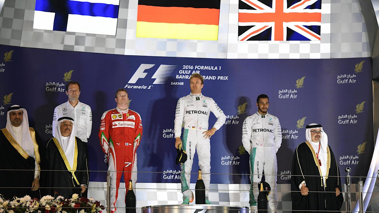 Podium (L to R): Aldo Costa (ITA) Mercedes AMG F1 Engineering Director, Kimi Raikkonen (FIN) Ferrari, race winner Nico Rosberg (GER) Mercedes AMG F1 and Lewis Hamilton (GBR) Mercedes AMG F1 at Formula One World Championship, Rd2, Bahrain Grand Prix Race, Bahrain International Circuit, Sakhir, Bahrain, Sunday 3 April 2016. © Sutton Motorsport Images