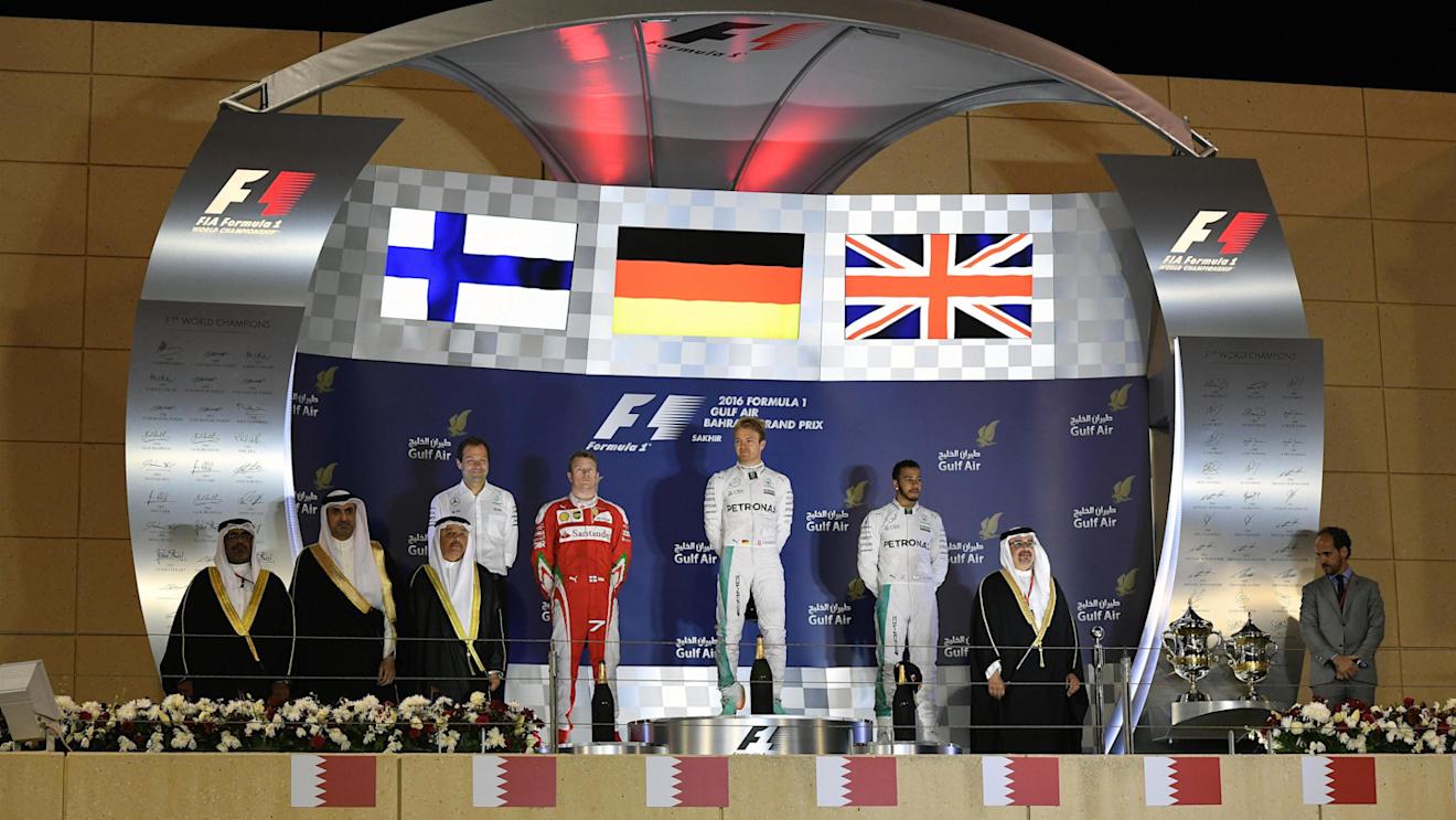 Podium (L to R): Aldo Costa (ITA) Mercedes AMG F1 Engineering Director, Kimi Raikkonen (FIN) Ferrari, race winner Nico Rosberg (GER) Mercedes AMG F1 and Lewis Hamilton (GBR) Mercedes AMG F1 at Formula One World Championship, Rd2, Bahrain Grand Prix Race, Bahrain International Circuit, Sakhir, Bahrain, Sunday 3 April 2016. © Sutton Motorsport Images