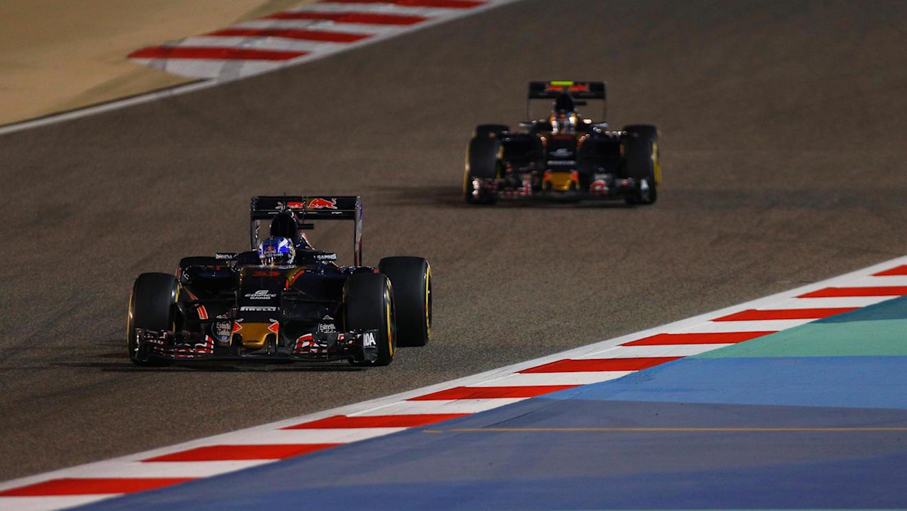 Max Verstappen (NED) Scuderia Toro Rosso STR11 leads Carlos Sainz jr (ESP) Scuderia Toro Rosso STR11 at Formula One World Championship, Rd2, Bahrain Grand Prix Race, Bahrain International Circuit, Sakhir, Bahrain, Sunday 3 April 2016. © Sutton Motorsport Images