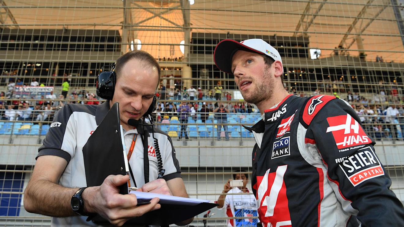 Romain Grosjean (FRA) Haas F1 on the grid at Formula One World Championship, Rd2, Bahrain Grand Prix Race, Bahrain International Circuit, Sakhir, Bahrain, Sunday 3 April 2016. © Sutton Motorsport Images