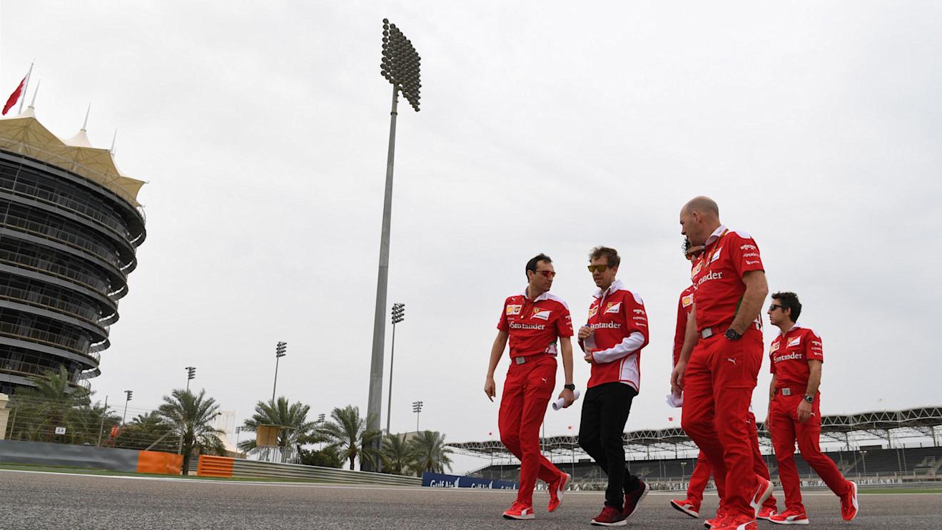 Sebastian Vettel (GER) Ferrari walks the track with Riccardo Adami (ITA) Ferrari Engineer and Jock Clear (GBR) Ferrari Chief Engineer at Formula One World Championship, Rd2, Bahrain Grand Prix Preparations, Bahrain International Circuit, Sakhir, Bahrain, Thursday 31 March 2016. © Sutton Motorsport Images
