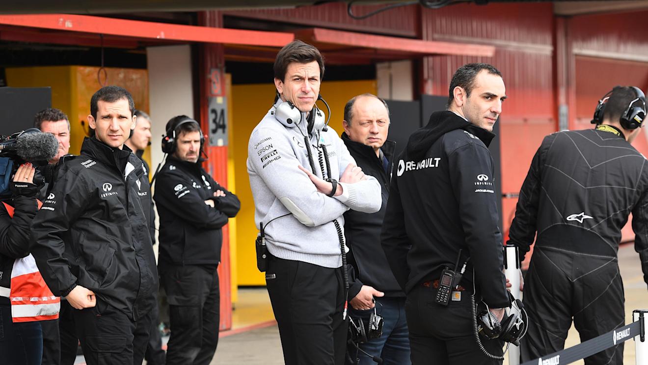 Cyril Abiteboul (FRA) Renault Sport F1 Managing Director, Toto Wolff (AUT) Mercedes AMG F1 Director of Motorsport and Frederic Vasseur (FRA) Renault Sport F1 Team Racing Director at Formula One Testing, Day One, Barcelona, Spain, Monday 22 February 2016. © Sutton Motorsport Images