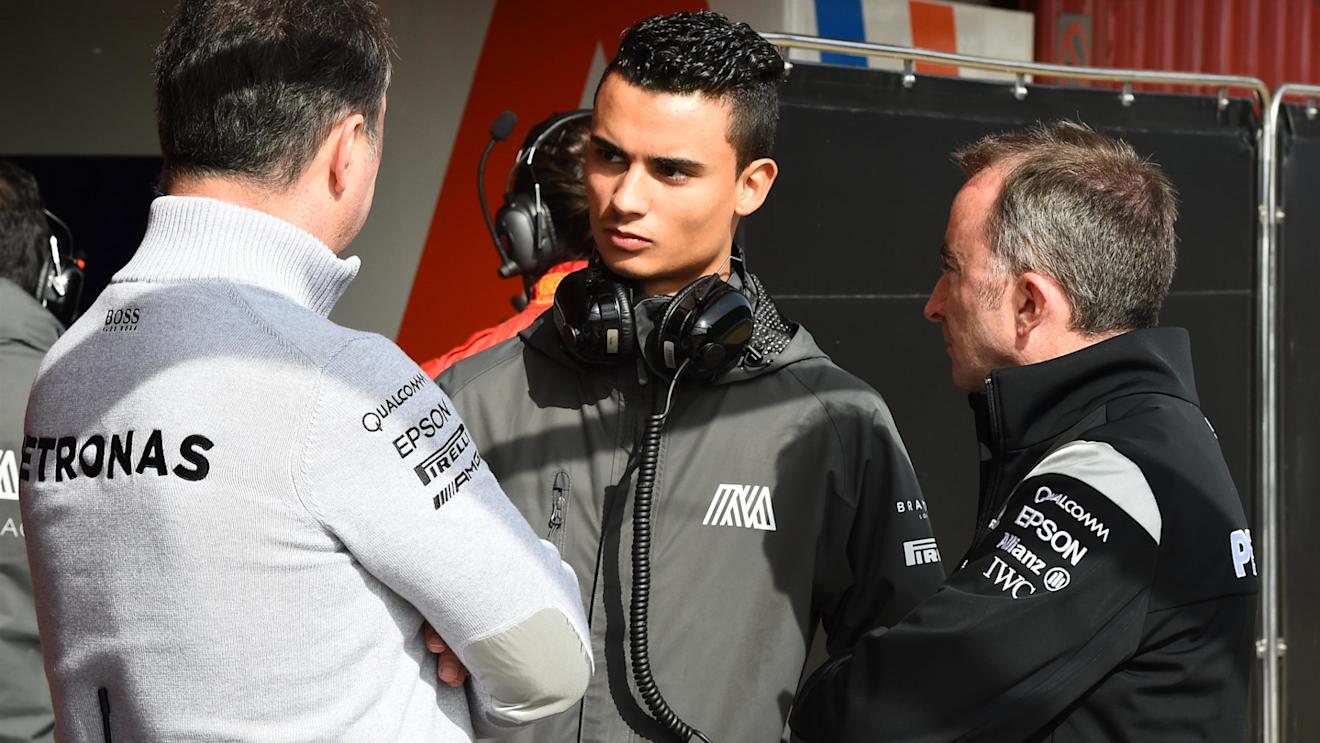 Ron Meadows (GBR) Mercedes AMG F1 Team Manager, Pascal Wehrlein (GER) Manor Racing and Paddy Lowe (GBR) Mercedes AMG F1 Executive Director (Technical) at Formula One Testing, Day Three, Barcelona, Spain, Wednesday 24 February 2016. © Sutton Motorsport Images