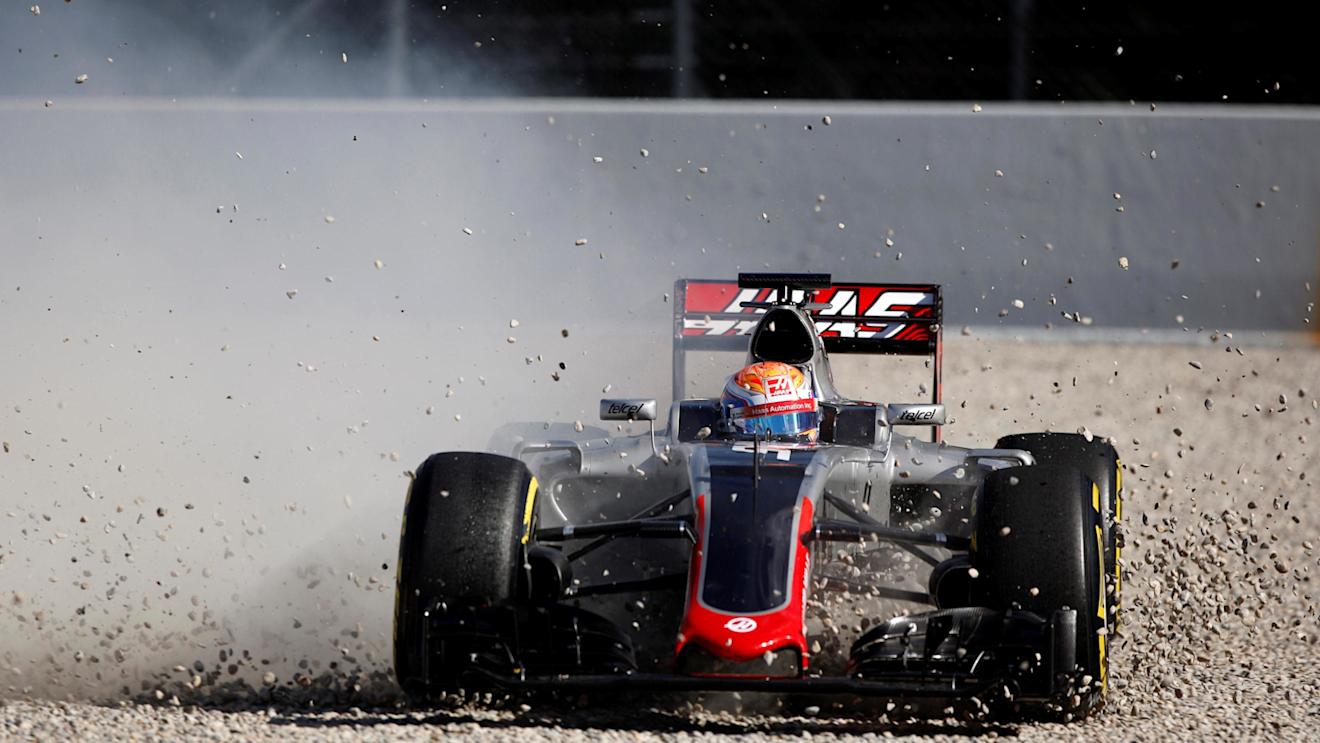 Romain Grosjean (FRA) Haas VF-16 spins into the gravel at Formula One Testing, Day Three, Barcelona, Spain, Thursday 3 March 2016. © Sutton Motorsport Images