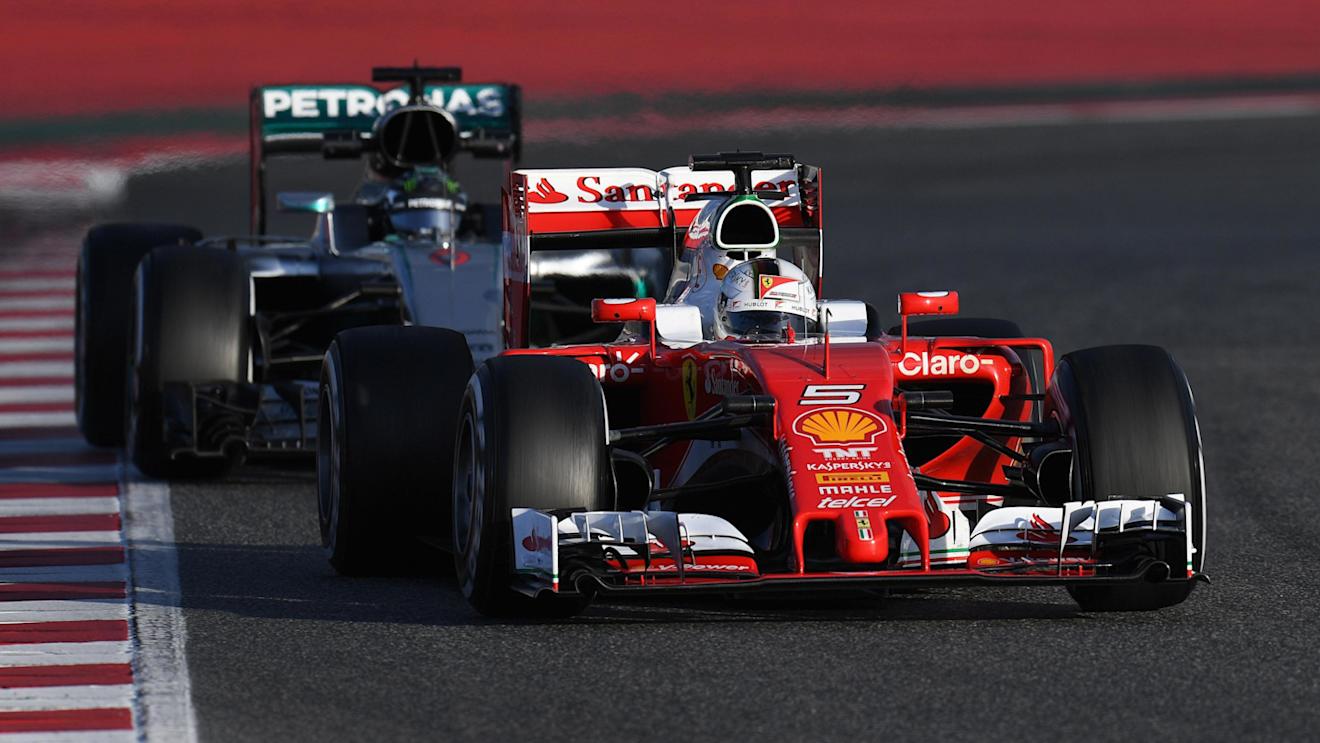 Sebastian Vettel (GER) Ferrari SF16-H and Nico Rosberg (GER) Mercedes-Benz F1 W07 Hybrid at Formula One Testing, Day Two, Barcelona, Spain, Wednesday 2 March 2016. © Sutton Motorsport Images