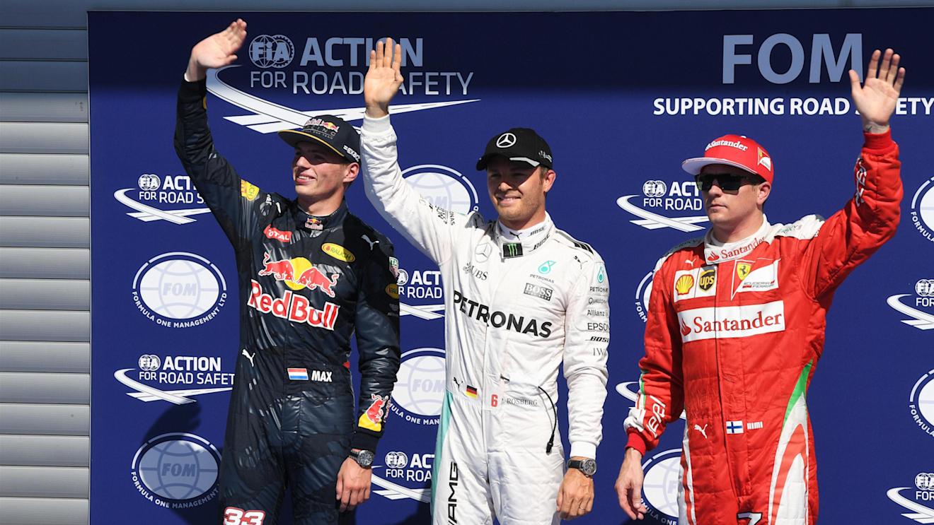 (L to R): Max Verstappen (NED) Red Bull Racing, pole sitter Nico Rosberg (GER) Mercedes AMG F1 and Kimi Raikkonen (FIN) Ferrari celebrate in parc ferme at Formula One World Championship, Rd13, Belgian Grand Prix, Qualifying, Spa Francorchamps, Belgium, Saturday 27 August 2016. © Sutton Images