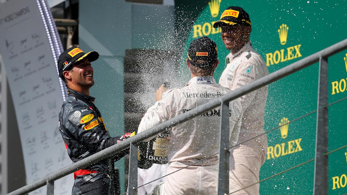 Race winner Nico Rosberg (GER) Mercedes AMG F1 celebrates with the champagne on the podium with Daniel Ricciardo (AUS) Red Bull Racing and Lewis Hamilton (GBR) Mercedes AMG F1 at Formula One World Championship, Rd13, Belgian Grand Prix, Race, Spa Francorchamps, Belgium, Sunday 28 August 2016. © Sutton Images