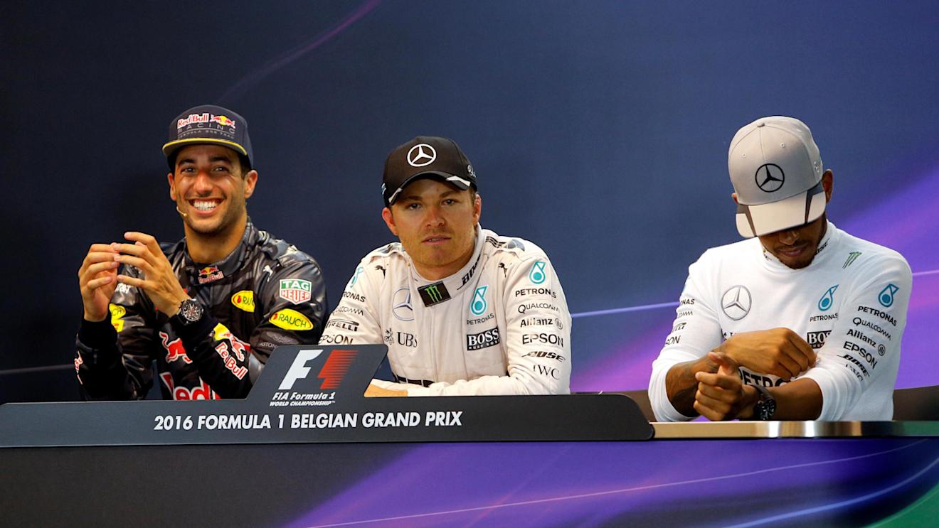 Daniel Ricciardo (AUS) Red Bull Racing, Race winner Nico Rosberg (GER) Mercedes AMG F1 and Lewis Hamilton (GBR) Mercedes AMG F1 in the Press Conference at Formula One World Championship, Rd13, Belgian Grand Prix, Race, Spa Francorchamps, Belgium, Sunday 28 August 2016. © Sutton Images
