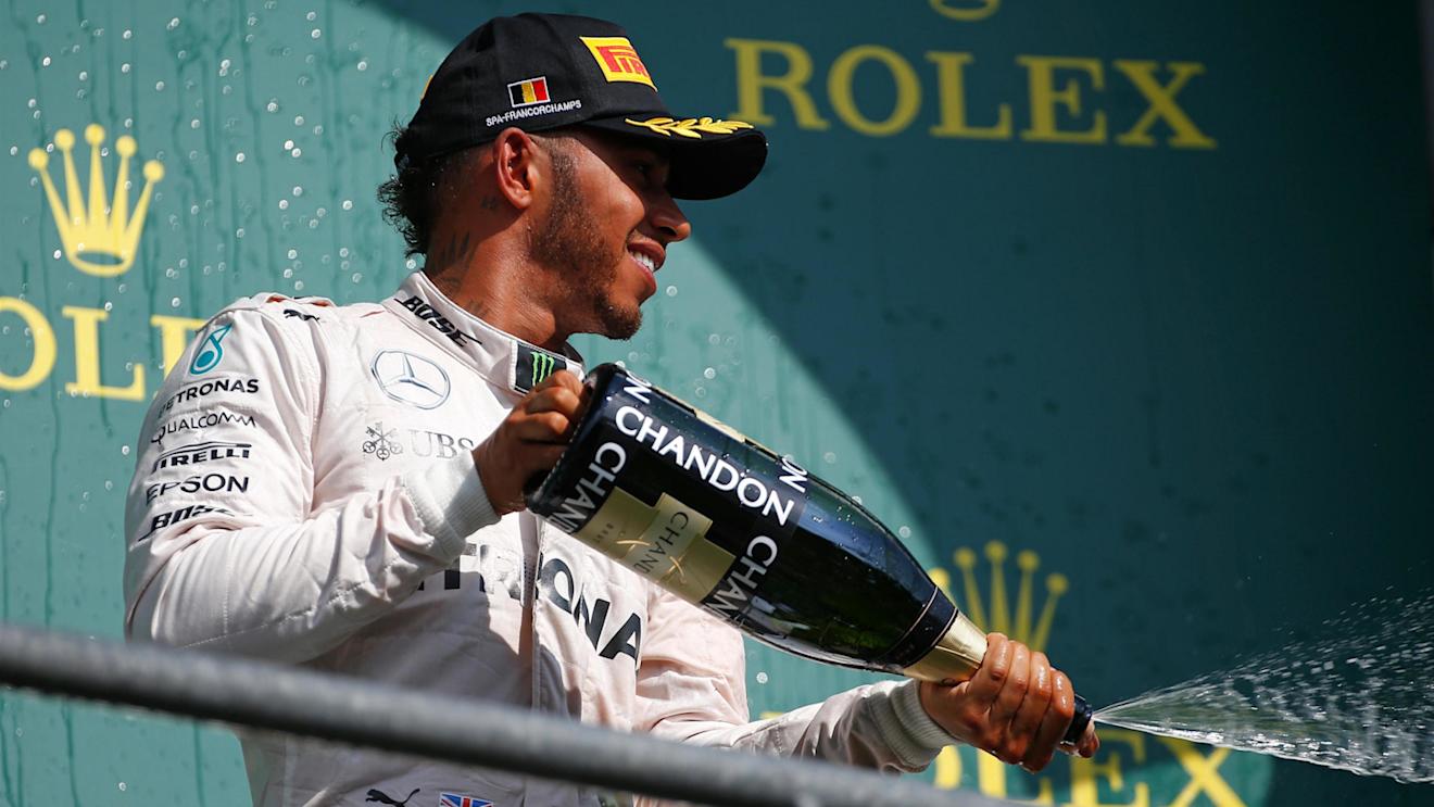 Lewis Hamilton (GBR) Mercedes AMG F1 celebrates on the podium with the champagne at Formula One World Championship, Rd13, Belgian Grand Prix, Race, Spa Francorchamps, Belgium, Sunday 28 August 2016. © Sutton Images