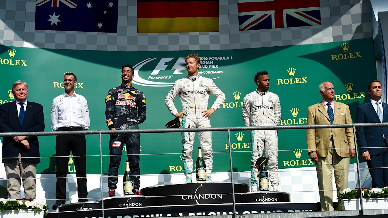 (L to R): Hywel Thomas (GBR) Mercedes AMG F1, Daniel Ricciardo (AUS) Red Bull Racing, Race winner Nico Rosberg (GER) Mercedes AMG F1 and Lewis Hamilton (GBR) Mercedes AMG F1 celebrate on the podium at Formula One World Championship, Rd13, Belgian Grand Prix, Race, Spa Francorchamps, Belgium, Sunday 28 August 2016. © Sutton Images