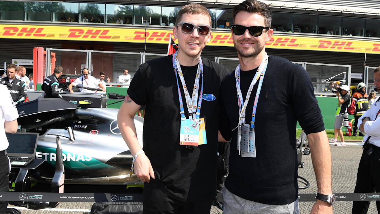 Professor Green (GBR) and James Anderson (GBR) Cricket Player on the grid at Formula One World Championship, Rd13, Belgian Grand Prix, Race, Spa Francorchamps, Belgium, Sunday 28 August 2016. © Sutton Images