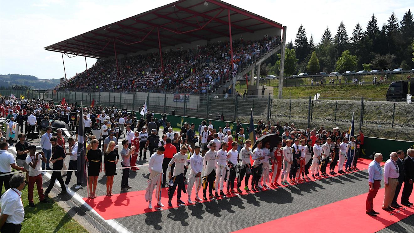 Driver observe the National Anthem on the grid at Formula One World Championship, Rd13, Belgian Grand Prix, Race, Spa Francorchamps, Belgium, Sunday 28 August 2016. © Sutton Images
