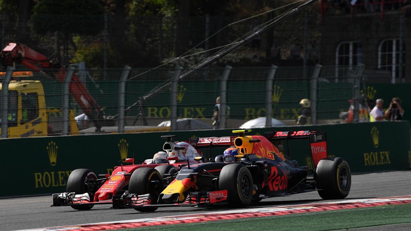 Sebastian Vettel (GER) Ferrari SF16-H and Max Verstappen (NED) Red Bull Racing RB12 battle at Formula One World Championship, Rd13, Belgian Grand Prix, Race, Spa Francorchamps, Belgium, Sunday 28 August 2016. © Sutton Images