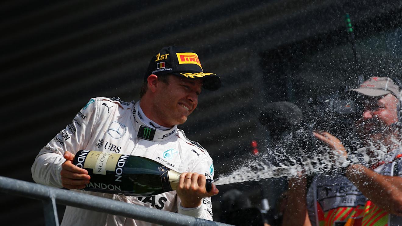 Race winner Nico Rosberg (GER) Mercedes AMG F1 celebrates on the podium with the champagne at Formula One World Championship, Rd13, Belgian Grand Prix, Race, Spa Francorchamps, Belgium, Sunday 28 August 2016. © Sutton Images