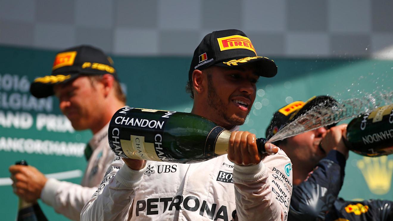 Lewis Hamilton (GBR) Mercedes AMG F1 celebrates on the podium with the champagne  at Formula One World Championship, Rd13, Belgian Grand Prix, Race, Spa Francorchamps, Belgium, Sunday 28 August 2016. © Sutton Images