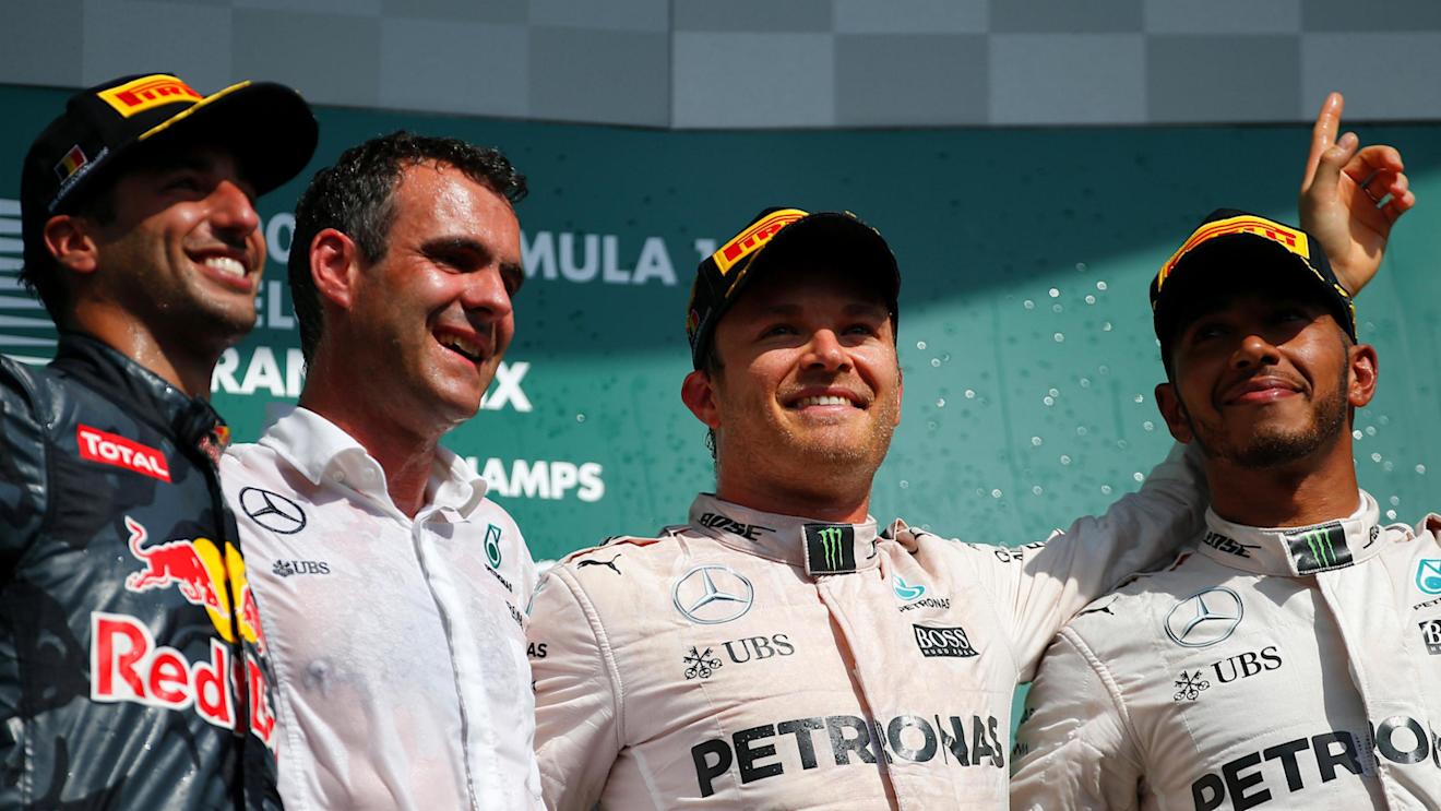 (L to R): Daniel Ricciardo (AUS) Red Bull Racing, Hywel Thomas (GBR) Mercedes AMG F1, Nico Rosberg (GER) Mercedes AMG F1 and Lewis Hamilton (GBR) Mercedes AMG F1 celebrate on the podium at Formula One World Championship, Rd13, Belgian Grand Prix, Race, Spa Francorchamps, Belgium, Sunday 28 August 2016. © Sutton Images