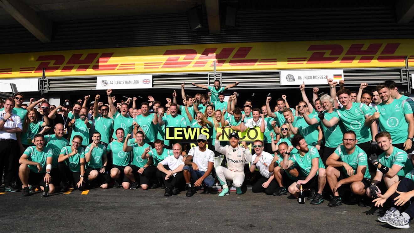 Race winner Nico Rosberg (GER) Mercedes AMG F1 celebrates with Lewis Hamilton (GBR) Mercedes AMG F1 and the team at Formula One World Championship, Rd13, Belgian Grand Prix, Race, Spa Francorchamps, Belgium, Sunday 28 August 2016. © Sutton Images