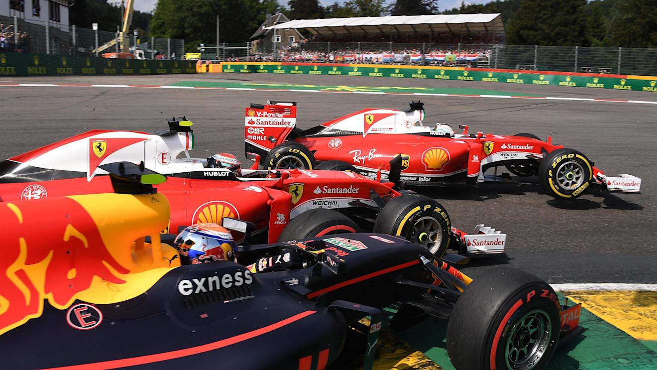 Max Verstappen (NED) Red Bull Racing RB12, Kimi Raikkonen (FIN) Ferrari SF16-H and Sebastian Vettel (GER) Ferrari SF16-H collide at the start of the race at Formula One World Championship, Rd13, Belgian Grand Prix, Race, Spa Francorchamps, Belgium, Sunday 28 August 2016. © Sutton Images