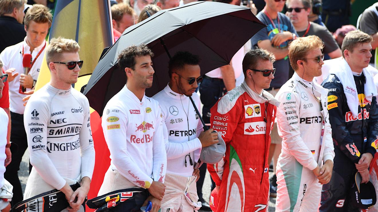 Drivers observe the National Anthem on the grid at Formula One World Championship, Rd13, Belgian Grand Prix, Race, Spa Francorchamps, Belgium, Sunday 28 August 2016. © Sutton Images
