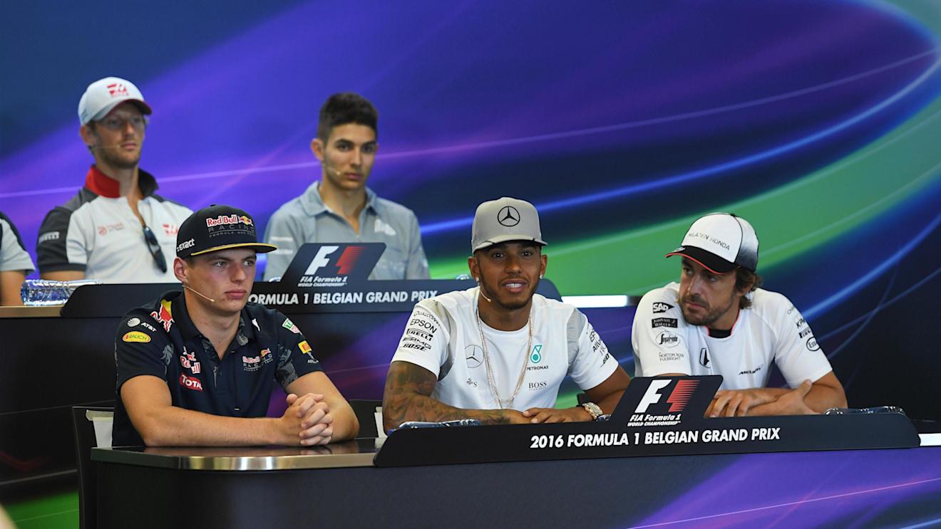 Romain Grosjean (FRA) Haas F1, Max Verstappen (NED) Red Bull Racing, Esteban Ocon (FRA) Manor Racing, Lewis Hamilton (GBR) Mercedes AMG F1 and Fernando Alonso (ESP) McLaren in the Press Conference at Formula One World Championship, Rd13, Belgian Grand Prix, Preparations, Spa Francorchamps, Belgium, Thursday 25 August 2016. © Sutton Images