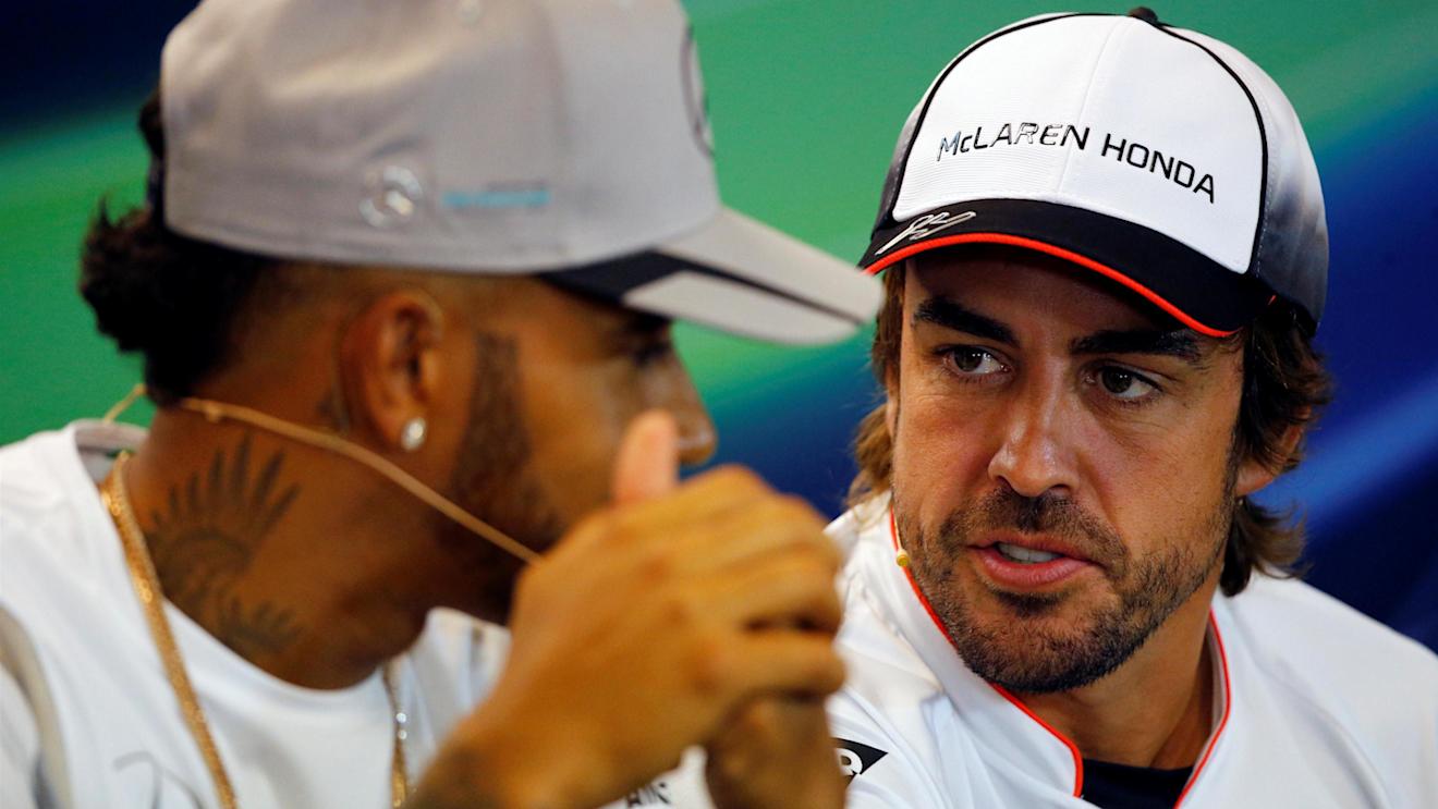 Fernando Alonso (ESP) McLaren and Lewis Hamilton (GBR) Mercedes AMG F1 in the Press Conference at Formula One World Championship, Rd13, Belgian Grand Prix, Preparations, Spa Francorchamps, Belgium, Thursday 25 August 2016. © Sutton Images