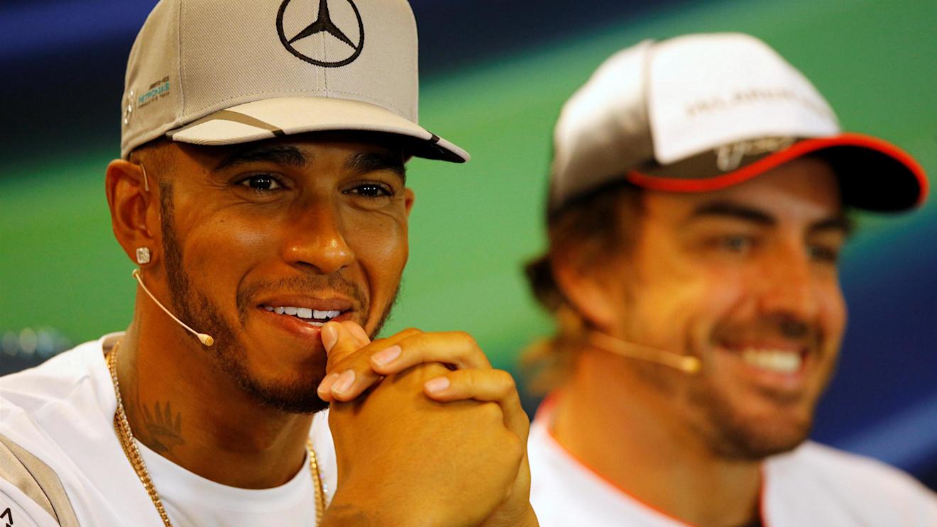 Lewis Hamilton (GBR) Mercedes AMG F1 and Fernando Alonso (ESP) McLaren in the Press Conference at Formula One World Championship, Rd13, Belgian Grand Prix, Preparations, Spa Francorchamps, Belgium, Thursday 25 August 2016. © Sutton Images