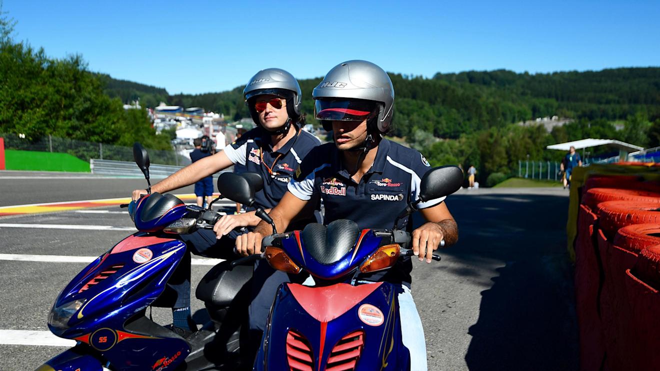 Carlos Sainz (ESP) Scuderia Toro Rosso rides the circuit on a scooter at Formula One World Championship, Rd13, Belgian Grand Prix, Preparations, Spa Francorchamps, Belgium, Thursday 25 August 2016. © Sutton Images