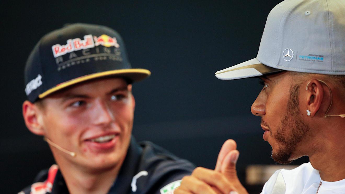 Lewis Hamilton (GBR) Mercedes AMG F1 and Max Verstappen (NED) Red Bull Racing in the Press Conference at Formula One World Championship, Rd13, Belgian Grand Prix, Preparations, Spa Francorchamps, Belgium, Thursday 25 August 2016. © Sutton Images