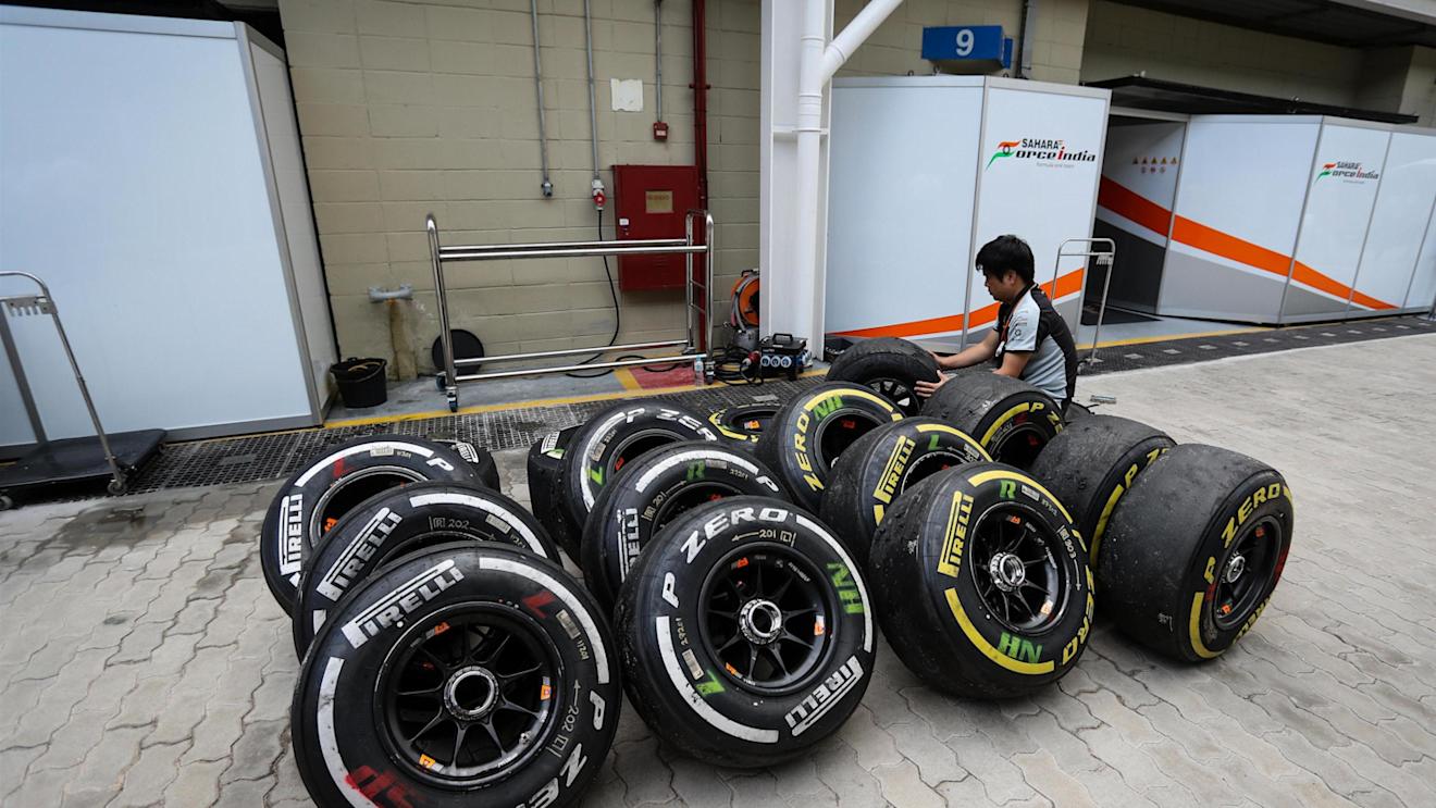 Force India Mechanic with Pirelli tyres at Formula One World Championship, Rd20, Brazilian Grand Prix, Practice, Interlagos, Sao Paulo, Brazil, Friday 11 November 2016. © Sutton Images