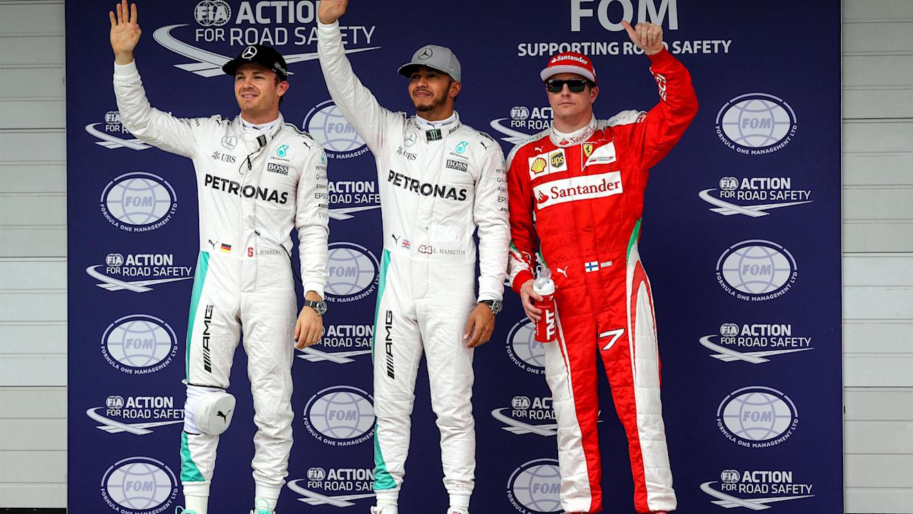Nico Rosberg (GER) Mercedes AMG F1, pole sitter Lewis Hamilton (GBR) Mercedes AMG F1 and Kimi Raikkonen (FIN) Ferrari celebrate in parc ferme at Formula One World Championship, Rd20, Brazilian Grand Prix, Qualifying, Interlagos, Sao Paulo, Brazil, Saturday 12 November 2016. © Sutton Images