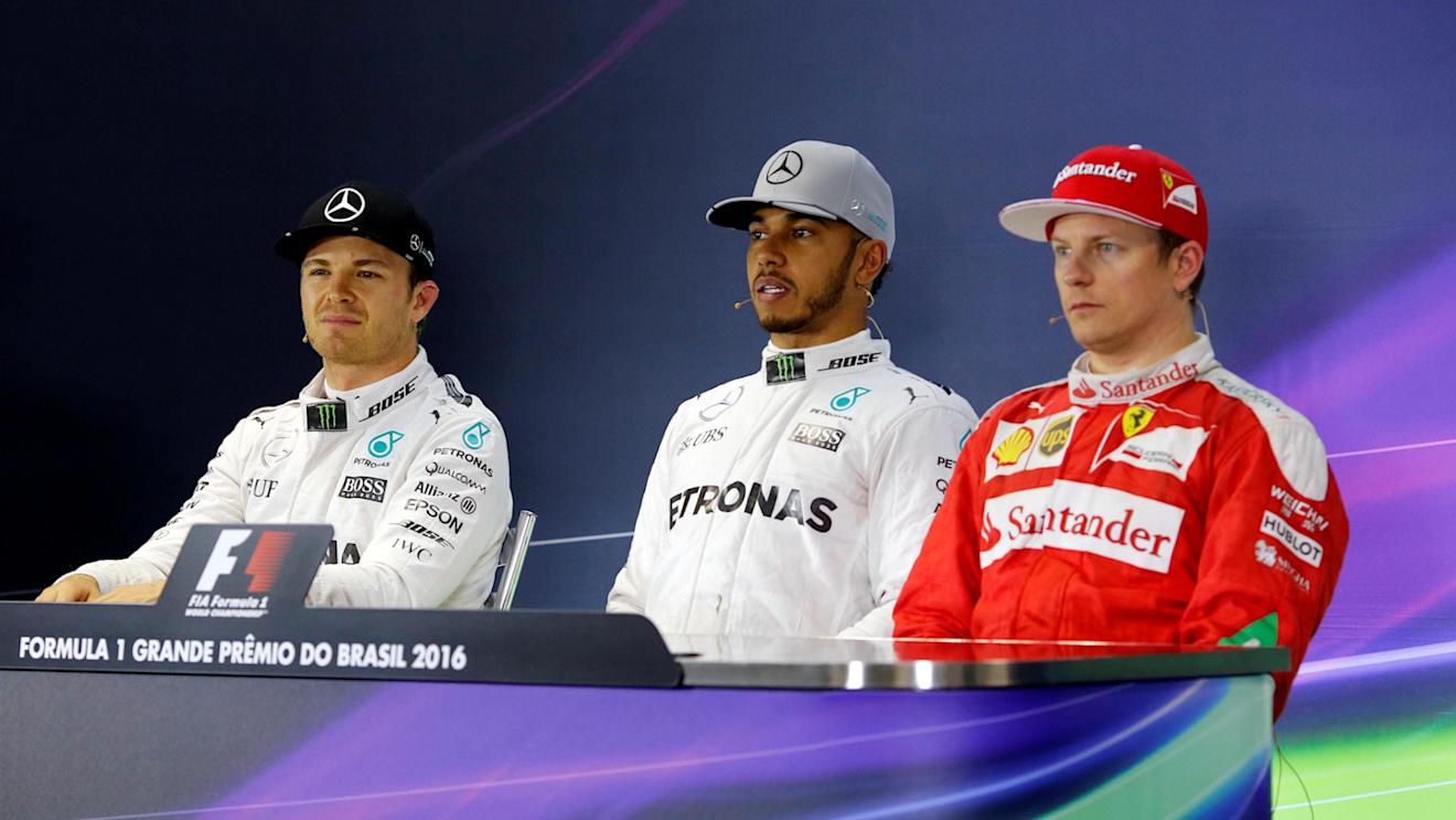 Nico Rosberg (GER) Mercedes AMG F1, pole sitter Lewis Hamilton (GBR) Mercedes AMG F1 and Kimi Raikkonen (FIN) Ferrari in the Press Conference at Formula One World Championship, Rd20, Brazilian Grand Prix, Qualifying, Interlagos, Sao Paulo, Brazil, Saturday 12 November 2016. © Sutton Images