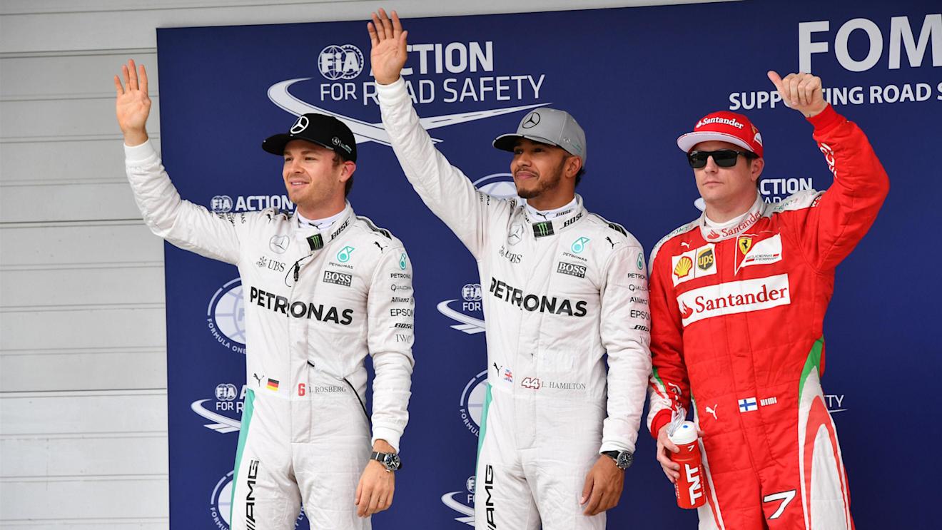 (L to R): Nico Rosberg (GER) Mercedes AMG F1, Lewis Hamilton (GBR) Mercedes AMG F1 and Kimi Raikkonen (FIN) Ferrari celebrate in parc ferme at Formula One World Championship, Rd20, Brazilian Grand Prix, Qualifying, Interlagos, Sao Paulo, Brazil, Saturday 12 November 2016. © Sutton Images