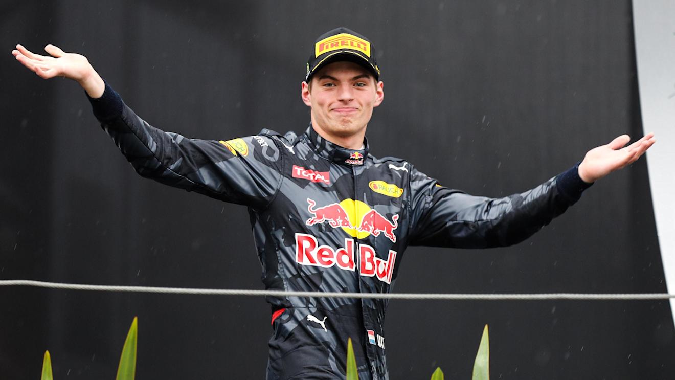 Max Verstappen (NED) Red Bull Racing celebrates on the podium at Formula One World Championship, Rd20, Brazilian Grand Prix, Race, Interlagos, Sao Paulo, Brazil, Sunday 13 November 2016. © Sutton Images