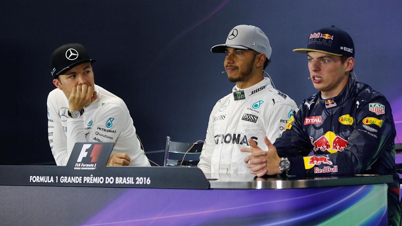Nico Rosberg (GER) Mercedes AMG F1, Lewis Hamilton (GBR) Mercedes AMG F1 and Max Verstappen (NED) Red Bull Racing in the Press Conference at Formula One World Championship, Rd20, Brazilian Grand Prix, Race, Interlagos, Sao Paulo, Brazil, Sunday 13 November 2016. © Sutton Images