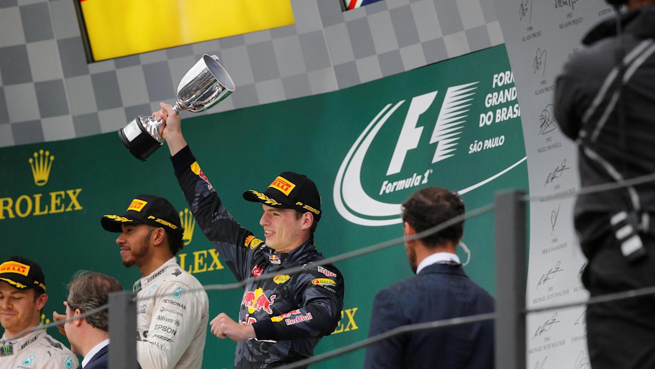 Max Verstappen (NED) Red Bull Racing celebrates on the podium with the trophy at Formula One World Championship, Rd20, Brazilian Grand Prix, Race, Interlagos, Sao Paulo, Brazil, Sunday 13 November 2016. © Sutton Images
