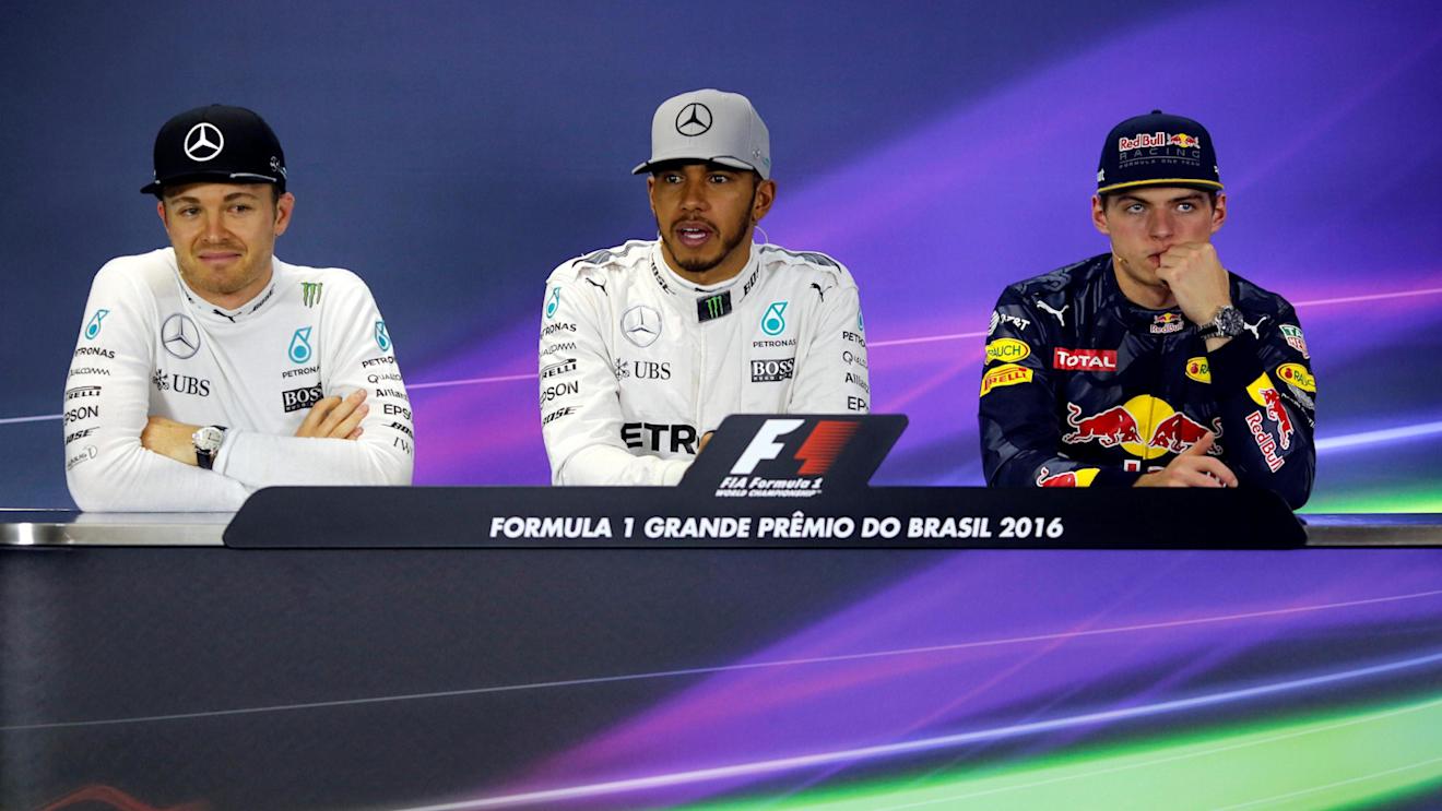 Nico Rosberg (GER) Mercedes AMG F1, Lewis Hamilton (GBR) Mercedes AMG F1 and Max Verstappen (NED) Red Bull Racing in the Press Conference at Formula One World Championship, Rd20, Brazilian Grand Prix, Race, Interlagos, Sao Paulo, Brazil, Sunday 13 November 2016. © Sutton Images