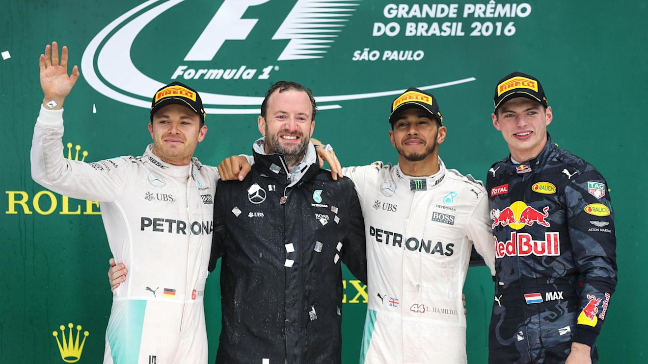 (L to R): Nico Rosberg (GER) Mercedes AMG F1, Bradley Lord (GBR) Mercedes AMG F1 Communication Manager, Lewis Hamilton (GBR) Mercedes AMG F1 and Max Verstappen (NED) Red Bull Racing celebrate on the podium at Formula One World Championship, Rd20, Brazilian Grand Prix, Race, Interlagos, Sao Paulo, Brazil, Sunday 13 November 2016. © Sutton Images