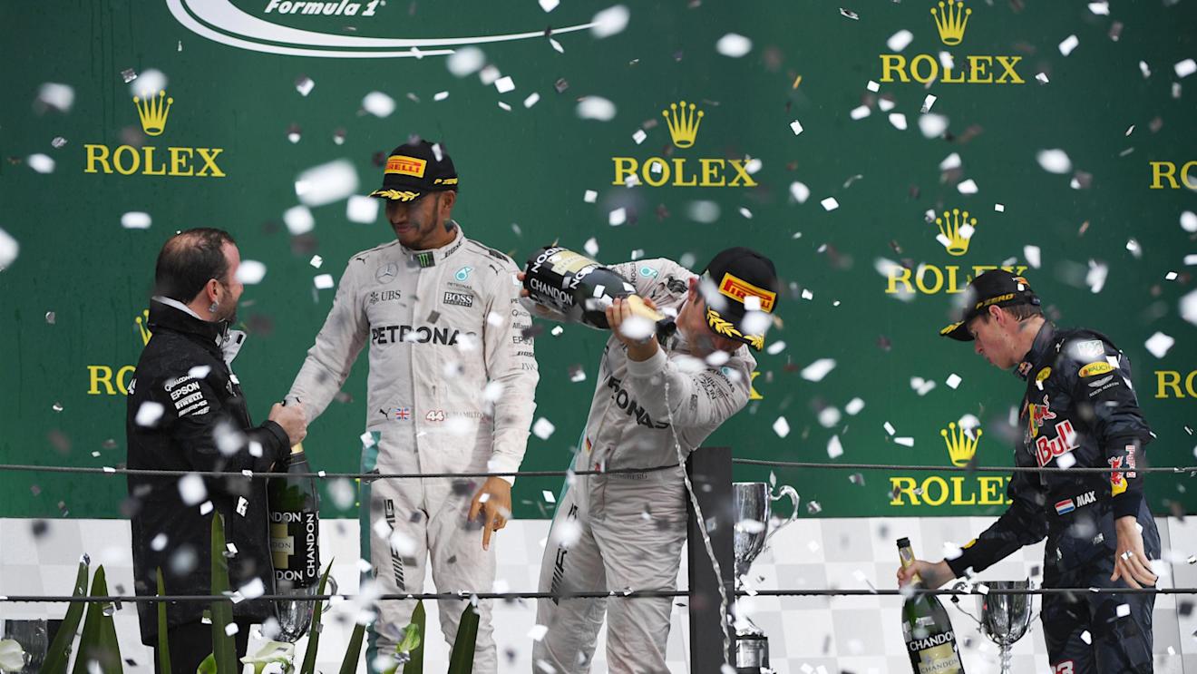 Bradley Lord (GBR) Mercedes AMG F1 Communication Manager, Lewis Hamilton (GBR) Mercedes AMG F1, Nico Rosberg (GER) Mercedes AMG F1 and Max Verstappen (NED) Red Bull Racing celebrate on the podium at Formula One World Championship, Rd20, Brazilian Grand Prix, Race, Interlagos, Sao Paulo, Brazil, Sunday 13 November 2016. © Sutton Images