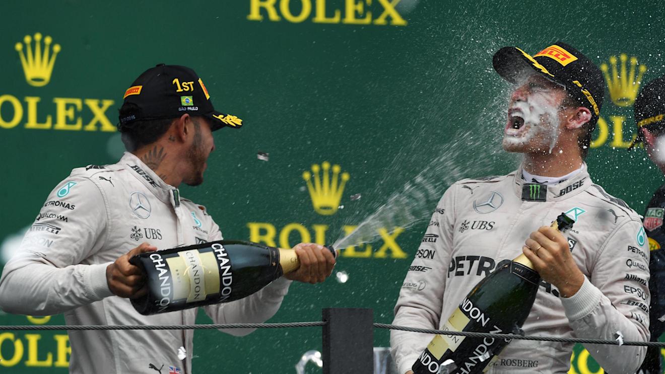 Race winner Lewis Hamilton (GBR) Mercedes AMG F1 and Nico Rosberg (GER) Mercedes AMG F1 celebrate on the podium with the champagne at Formula One World Championship, Rd20, Brazilian Grand Prix, Race, Interlagos, Sao Paulo, Brazil, Sunday 13 November 2016. © Sutton Images