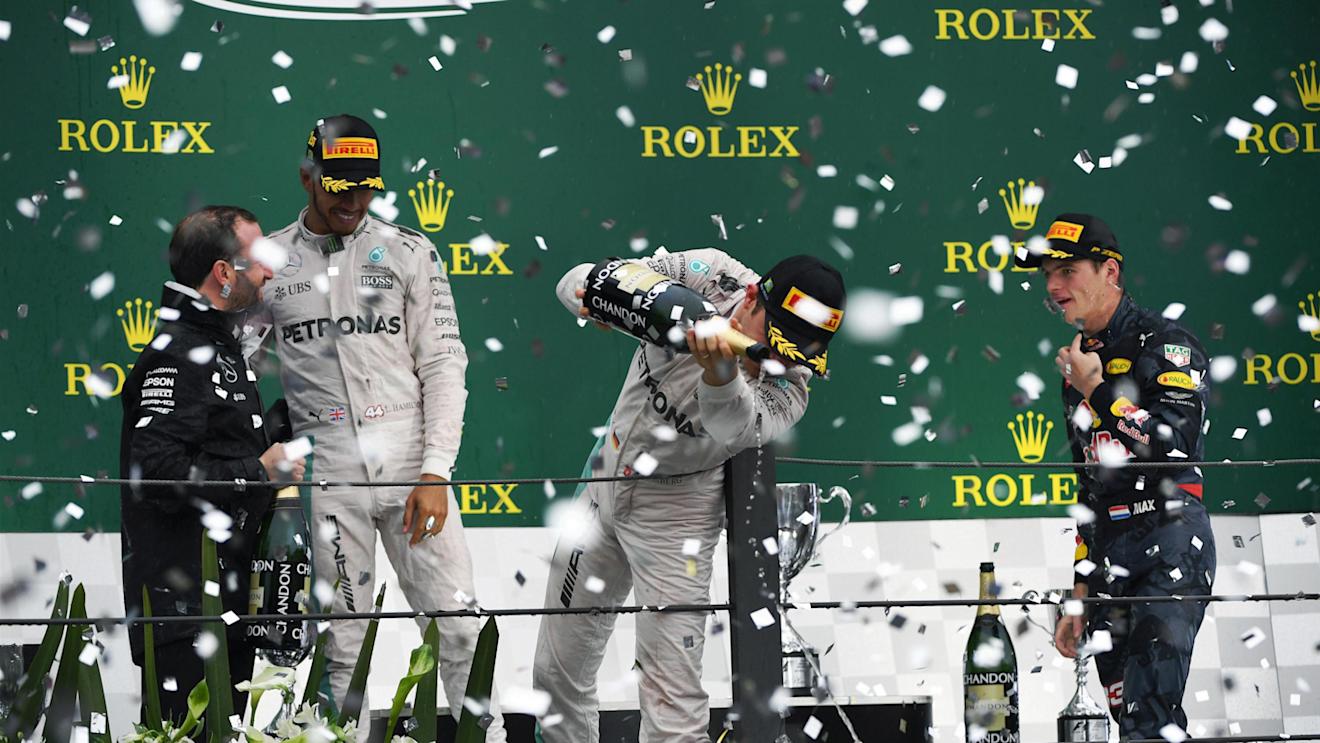 Nico Rosberg (GER) Mercedes AMG F1, Bradley Lord (GBR) Mercedes AMG F1 Communication Manager, Lewis Hamilton (GBR) Mercedes AMG F1 and Max Verstappen (NED) Red Bull Racing celebrate on the podium at Formula One World Championship, Rd20, Brazilian Grand Prix, Race, Interlagos, Sao Paulo, Brazil, Sunday 13 November 2016. © Sutton Images